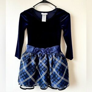 Bonnie Jean Girl’s Velvet Navy Dress with Plaid Skirt